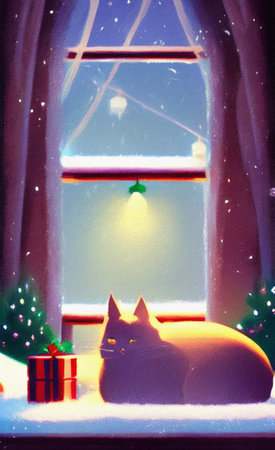 Cute Christmas cat with new year holiday interior on background, cartoon illustrationの素材