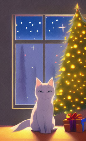 Cute Christmas cat with new year holiday interior on background, cartoon illustrationの素材