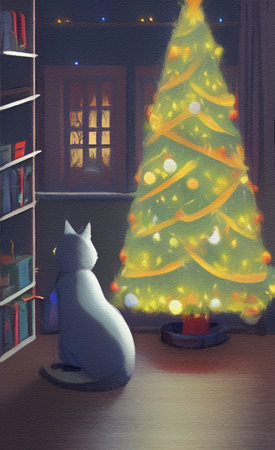 Cute Christmas cat with new year holiday interior on background, cartoon illustrationの素材