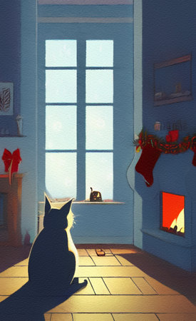 Cute Christmas cat with new year holiday interior on background, cartoon illustrationの素材
