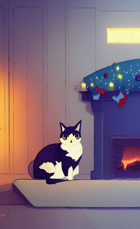 Cute Christmas cat with new year holiday interior on background, cartoon illustrationの素材