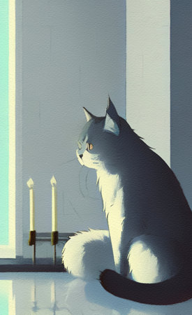 Cute Christmas cat with new year holiday interior on background, cartoon illustrationの素材