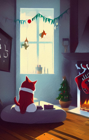 Cute Christmas cat with new year holiday interior on background, cartoon illustrationの素材