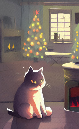 Cute Christmas cat with new year holiday interior on background, cartoon illustrationの素材
