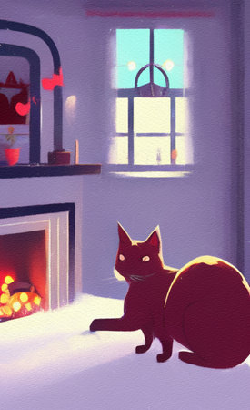 Cute Christmas cat with new year holiday interior on background, cartoon illustrationの素材