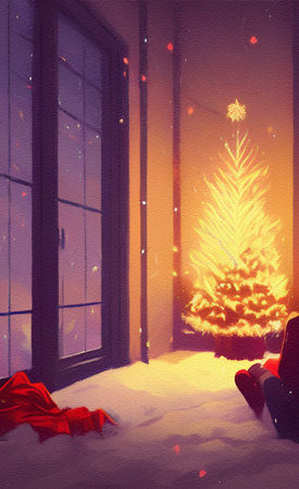 Cute living room decorated for Christmas illustration. Christmas or New Year cozy interior, digital painting wall art. Good for print, card, invitation, postcard, poser design.の写真素材