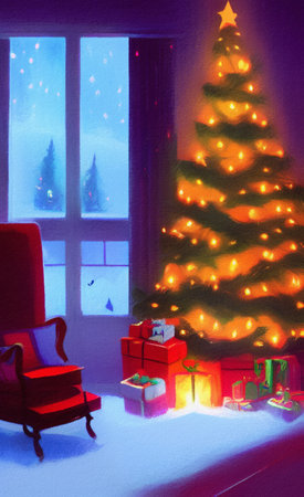Cute living room decorated for Christmas illustration. Christmas or New Year cozy interior, digital painting wall art. Good for print, card, invitation, postcard, poser design.の写真素材