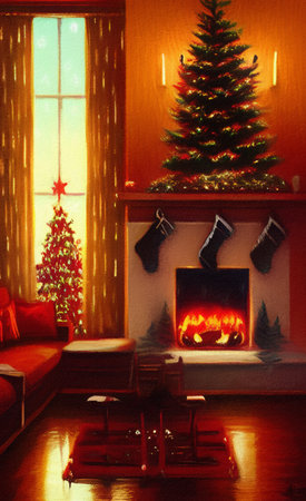 Cute living room decorated for Christmas illustration. Christmas or New Year cozy interior, digital painting wall art. Good for print, card, invitation, postcard, poser design.の写真素材