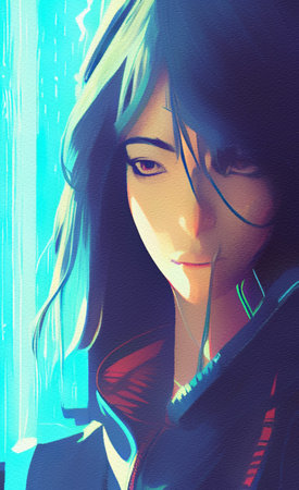 Digital impressionism modern painting beautiful fashion girl portrait. Futuristic details, bright...