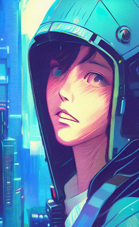 Digital impressionism modern painting beautiful fashion girl portrait. Futuristic details, bright...