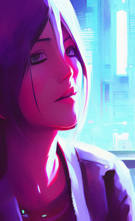 Digital impressionism modern painting beautiful fashion girl portrait. Futuristic details, bright...