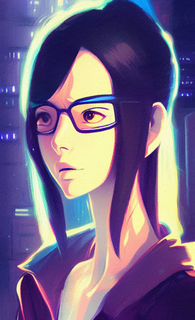 Digital impressionism modern painting beautiful fashion girl portrait. Futuristic details, bright...