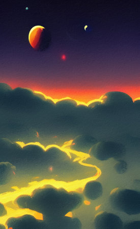 Digital painted beautiful fool moon landscape, galaxy sky and magic skyline. fantasy artwork. Graphic design background texture. Wall art decoration trendy print for canvas or papeの写真素材