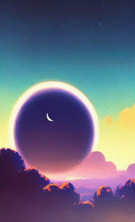 Digital painted beautiful fool moon landscape, galaxy sky and magic skyline. fantasy artwork. Graphic design background texture. Wall art decoration trendy print for canvas or papeの写真素材