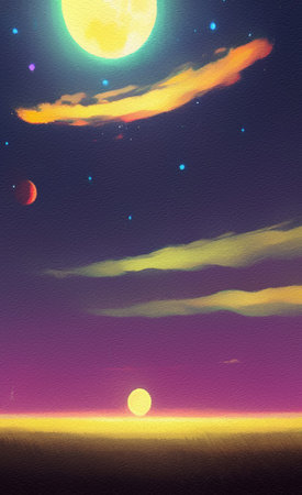 Digital painted beautiful fool moon landscape, galaxy sky and magic skyline. fantasy artwork....