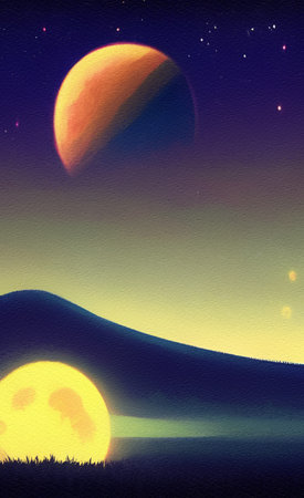 Digital painted beautiful fool moon landscape, galaxy sky and magic skyline. fantasy artwork....