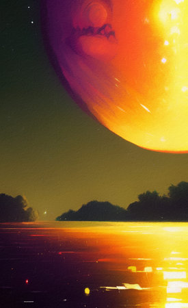 Digital painted beautiful fool moon landscape, galaxy sky and magic skyline. fantasy artwork. Graphic design background texture. Wall art decoration trendy print for canvas or papeの写真素材