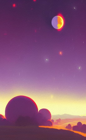 Digital painted beautiful fool moon landscape, galaxy sky and magic skyline. fantasy artwork....