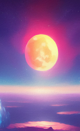 Digital painted beautiful fool moon landscape, galaxy sky and magic skyline. fantasy artwork....