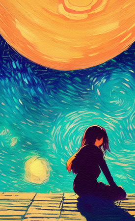 Digital painting illustration of little girl sits on the moon and looks into the distance, in the sky there is a space landscape and planets. Fantasy wall art drawing in modernの写真素材