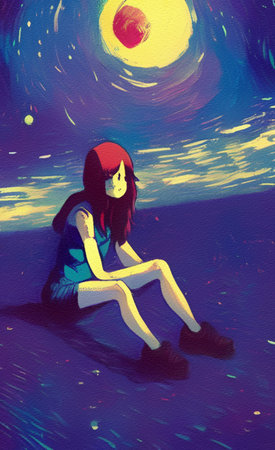 Digital painting illustration of little girl sits on the moon and looks into the distance, in the sky there is a space landscape and planets. Fantasy wall art drawing in modernの写真素材