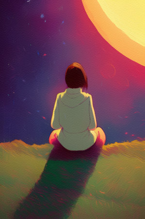 Digital painting illustration of little girl sits on the moon and looks into the distance, in the sky there is a space landscape and planets. Fantasy wall art drawing in modernの写真素材