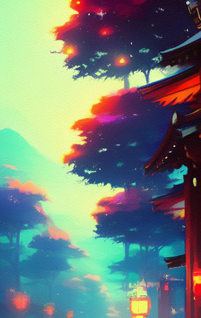 Magic Japanese landscape, Asian Japan or China views and motifs, epic beautiful design illustration. Wall art print or pretty backdrop for design worksの写真素材