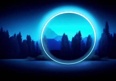 Magic night or evening landscape flat illustration. Shiny beautiful nature backdrop background,...