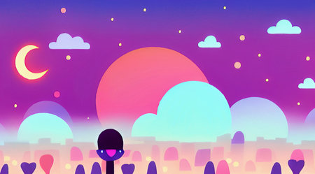 Magic night or evening landscape flat illustration. Shiny beautiful nature backdrop background,...
