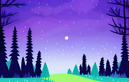 Magic night or evening landscape flat illustration. Shiny beautiful nature backdrop background, large size art printの写真素材