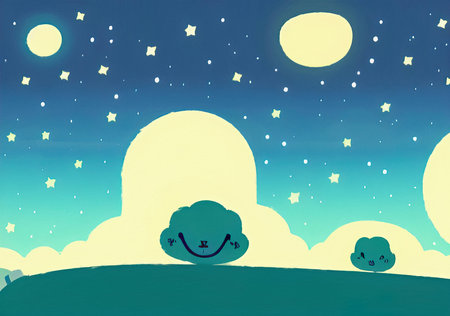 Magic night or evening landscape flat illustration. Shiny beautiful nature backdrop background, large size art printの写真素材