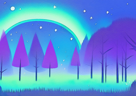 Digital drawing night forest landscape illustrationの写真素材