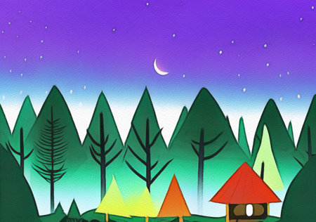 Digital drawing night forest landscape illustrationの写真素材