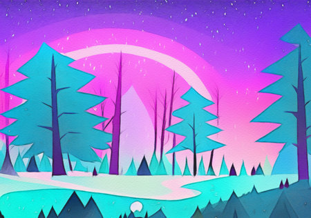 Digital drawing night forest landscape illustrationの写真素材