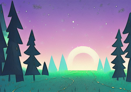 Digital drawing night forest landscape illustration