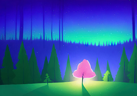 Digital drawing night forest landscape illustrationの写真素材