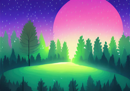Digital drawing night forest landscape illustrationの写真素材