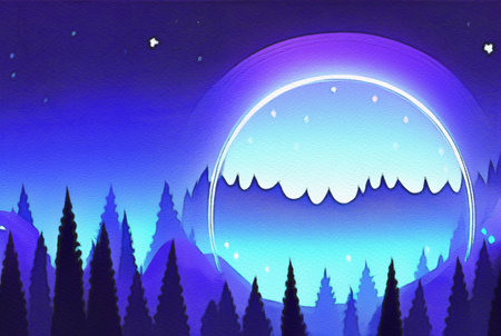 Digital drawing night forest landscape illustrationの写真素材