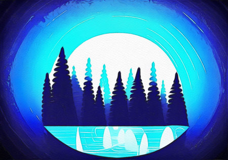 Digital painting with pastel drawing imitation beautiful forest night landscape. Trendy wall art...