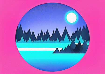 Digital painting with pastel drawing imitation beautiful forest night landscape. Trendy wall art print template, stylish design backdrop background. Naive art, whimsical art styleの写真素材