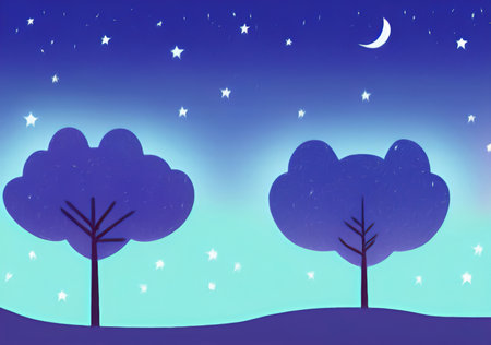 Digital painting with pastel drawing imitation beautiful forest night landscape. Trendy wall art print template, stylish design backdrop background. Naive art, whimsical art styleの写真素材