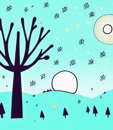 Digital painting with pastel drawing imitation beautiful forest night landscape. Trendy wall art print template, stylish design backdrop background. Naive art, whimsical art styleの写真素材