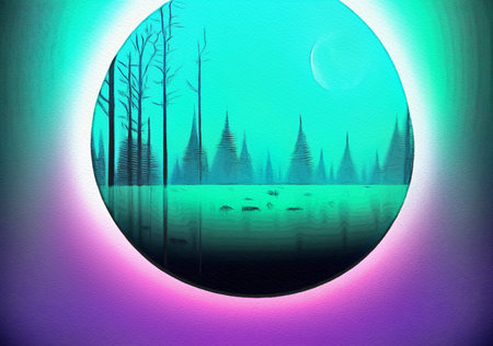 Digital painting with pastel drawing imitation beautiful forest night landscape. Trendy wall art...