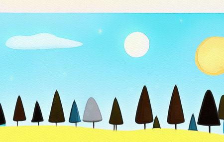 Digital painting with pastel drawing imitation beautiful forest night landscape. Trendy wall art print template, stylish design backdrop background. Naive art, whimsical art styleの写真素材