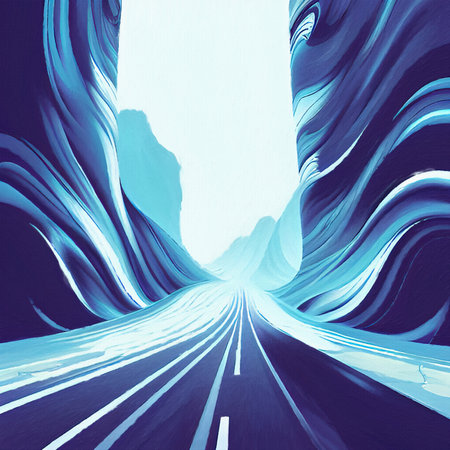 Abstract digital fluid art painting road between mountains, freedom journey designの写真素材