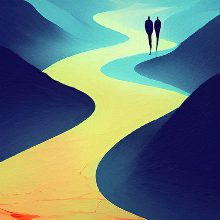 Abstract digital fluid art painting road between mountains, freedom journey designの写真素材