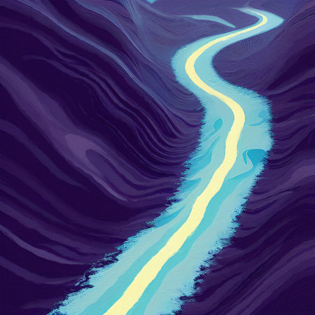 Abstract digital fluid art painting road between mountains, freedom journey design