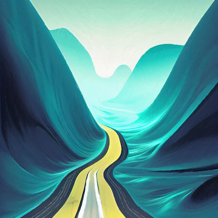Abstract digital fluid art painting road between mountains, freedom journey designの写真素材