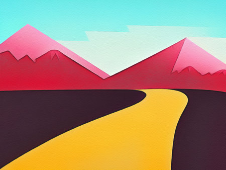 Road between mountains illustration, freedom journey digital art backgroundの写真素材