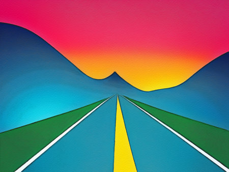 Road between mountains illustration, freedom journey digital art backgroundの写真素材